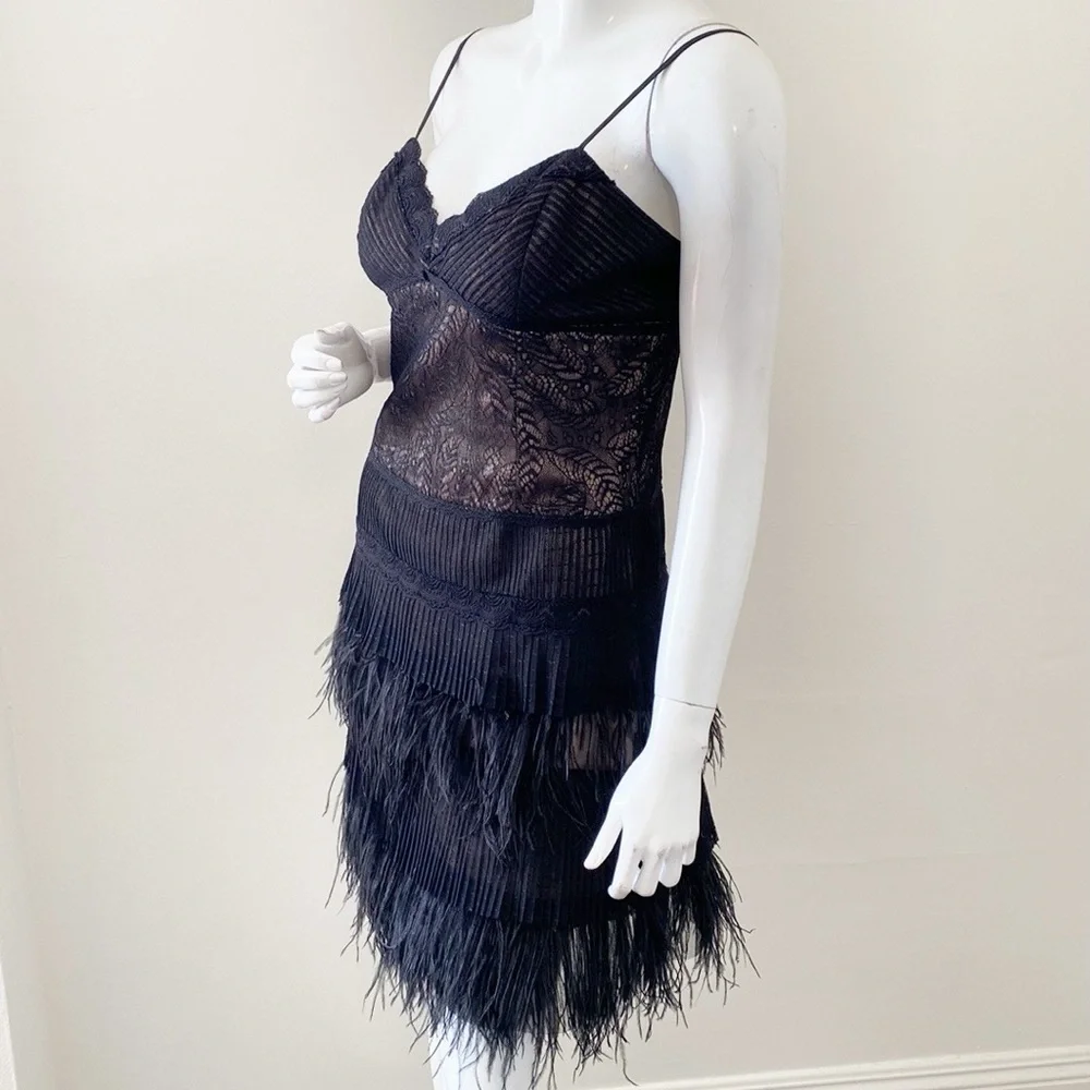 Y2K BCBG Max Azria Black Lace and Tiered Feather Fringe Mini Dress - Picture 3 of 7